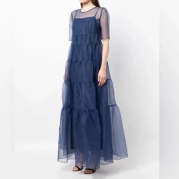Staud Hyacinth Tiered Organza Overlay Maxi A-Line Dress in Navy Blue NWT - Picture 1 of 8